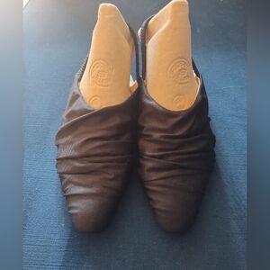 Vintage 80s Black Ruched Satin Slingback Flats 37